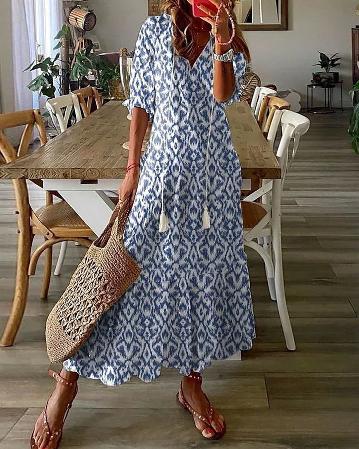 Women's Bohemian Maxi Dress with V-Neck and Flowy Fit for Autumn Casual Wear