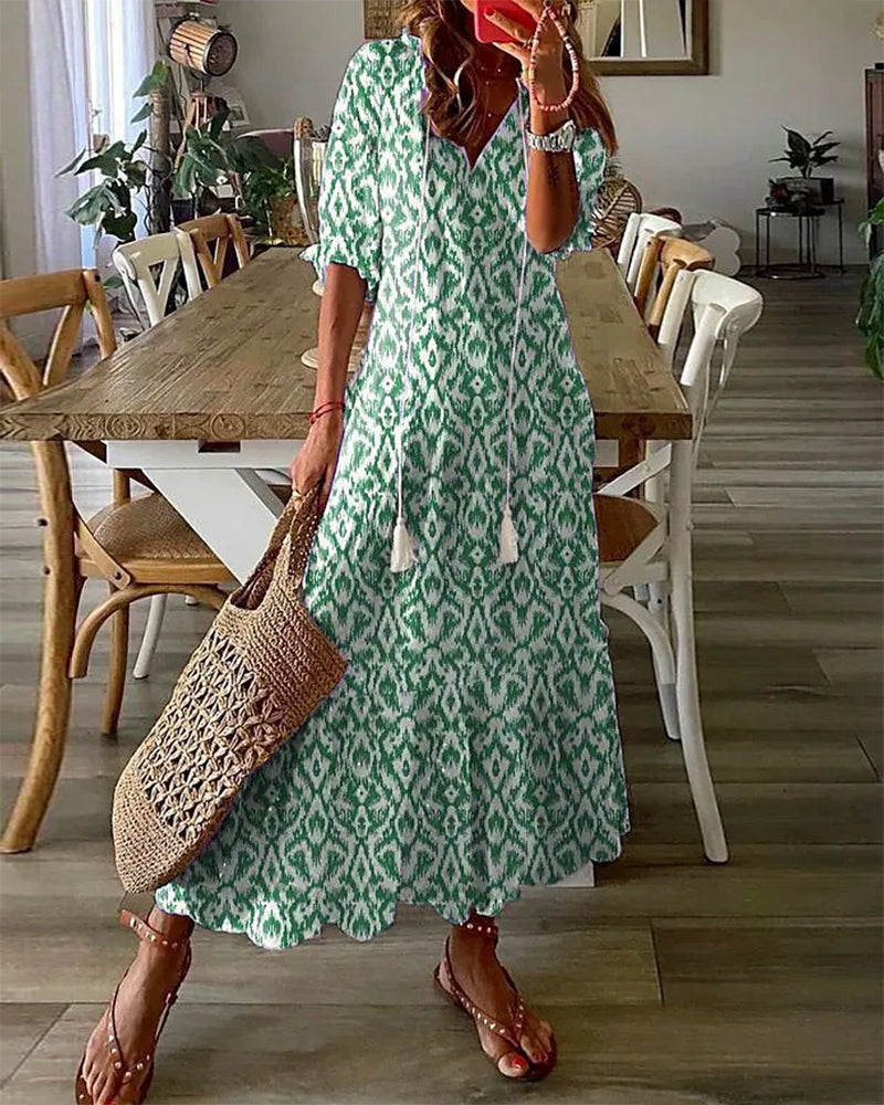 Women's Bohemian Maxi Dress with V-Neck and Flowy Fit for Autumn Casual Wear