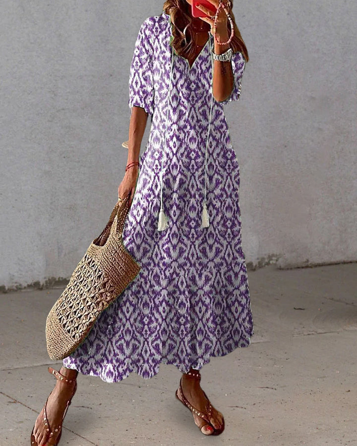 Women's Bohemian Maxi Dress with V-Neck and Flowy Fit for Autumn Casual Wear