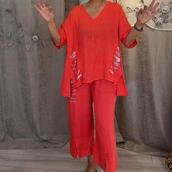 Women's V-Neck Two-Piece Set Autumn Flowy Casual Loungewear Set