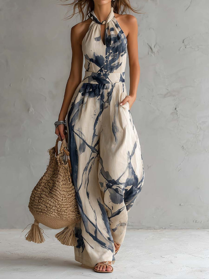 Women's Halter-Neck Jumpsuit with Artistic Print