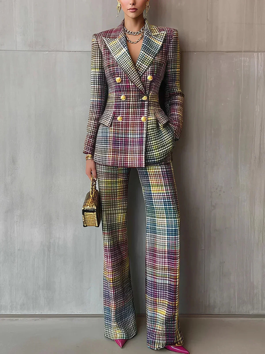 Women's Wool Blend Double-Breasted Blazer and Trousers Suit Autumn Formal Suit
