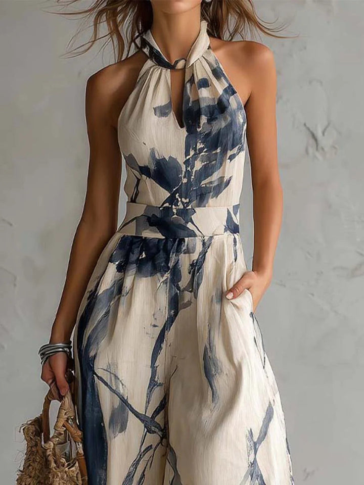 Women's Halter-Neck Jumpsuit with Artistic Print