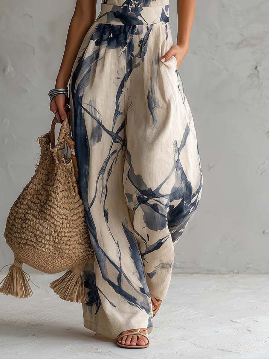 Women's Halter-Neck Jumpsuit with Artistic Print