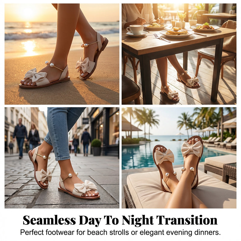 Women's Leather Flat Sandals Autumn Pearl Bow Slingback Sandals