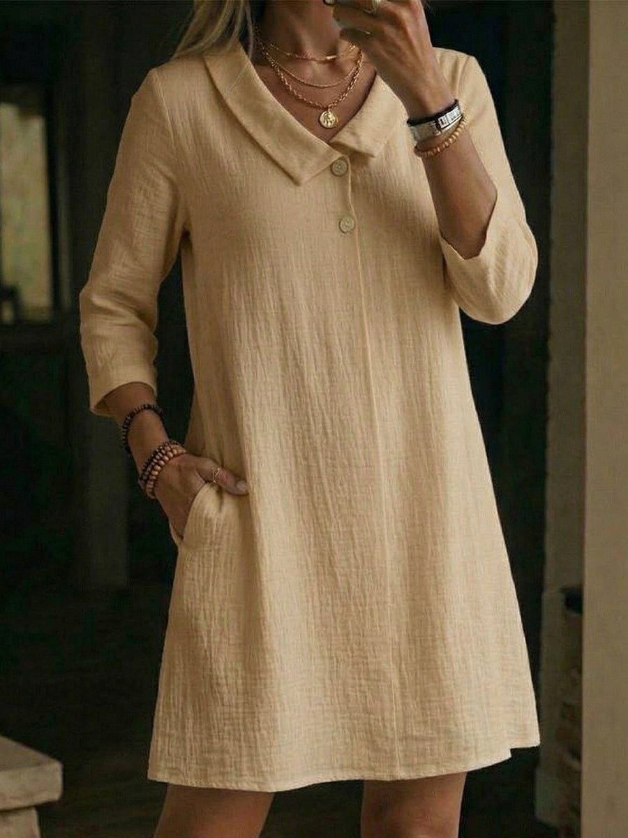 Women's Loose Shift Dress Spring Lapel Collar Three Quarter Sleeve Casual Knee Length Dress
