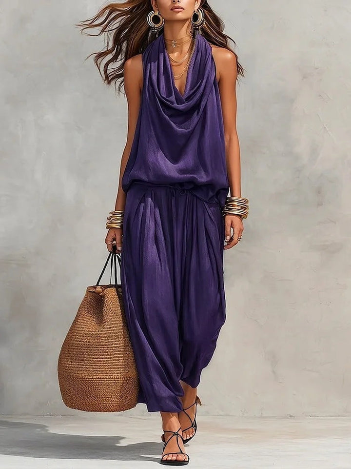 Women's Draped Top and Wide-Leg Pants Two-Piece Set Autumn Outfit