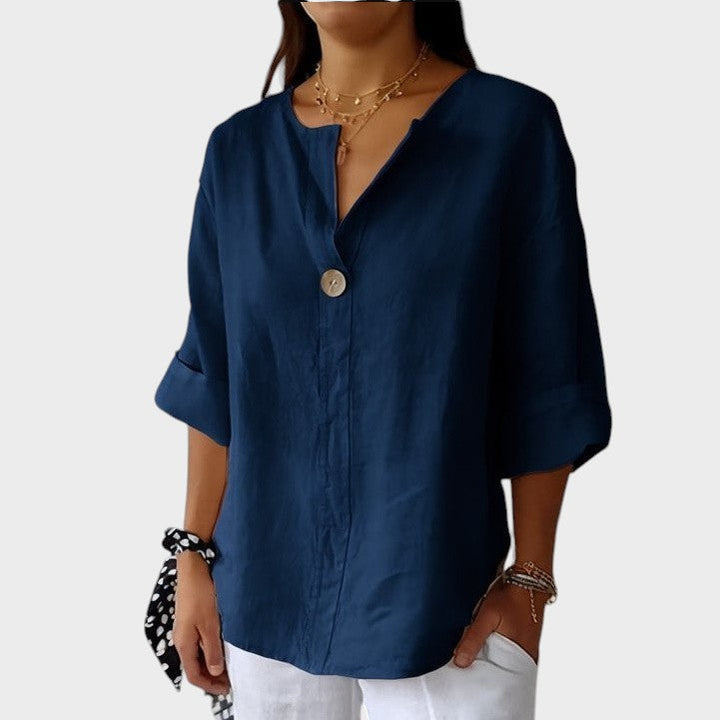 Women's Linen V-Neck Blouse Autumn Casual Shirt