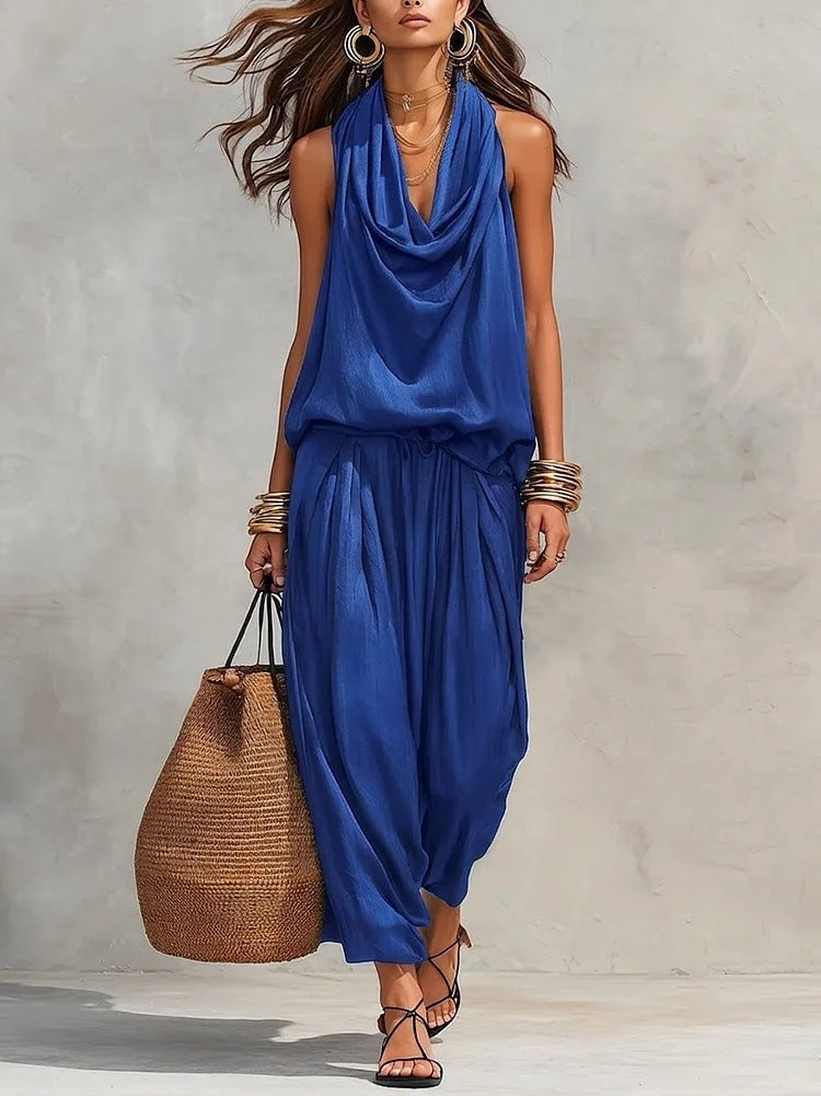 Women's Draped Top and Wide-Leg Pants Two-Piece Set Autumn Outfit