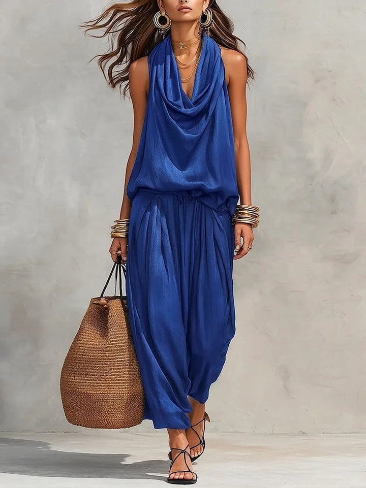 Women's Draped Top and Wide-Leg Pants Two-Piece Set Autumn Outfit