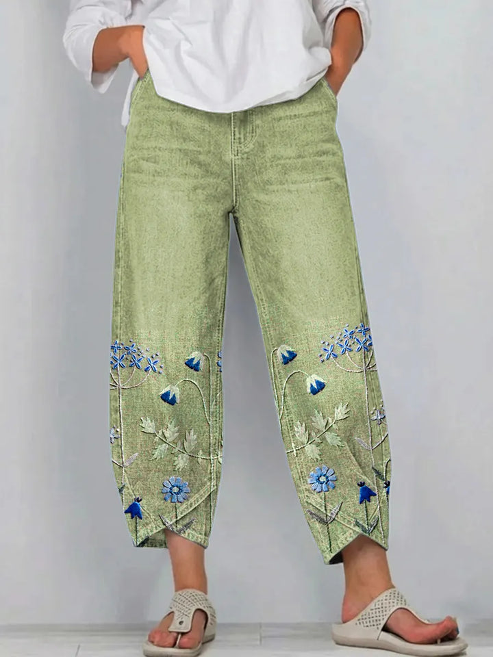 Women's Cotton Denim Pants Autumn Floral Embroidered Straight Jeans