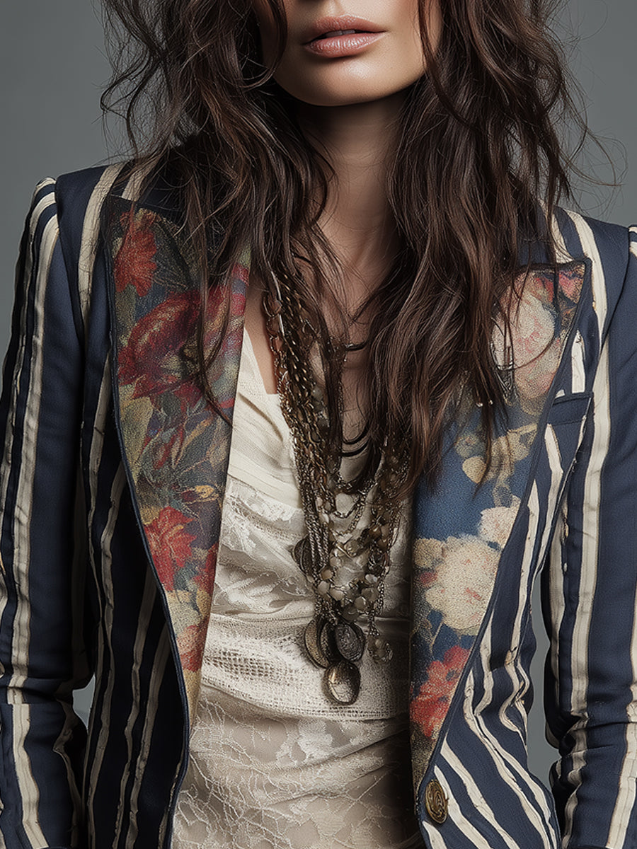 Women's Wool Blend Floral Blazer Autumn Boho Jacket