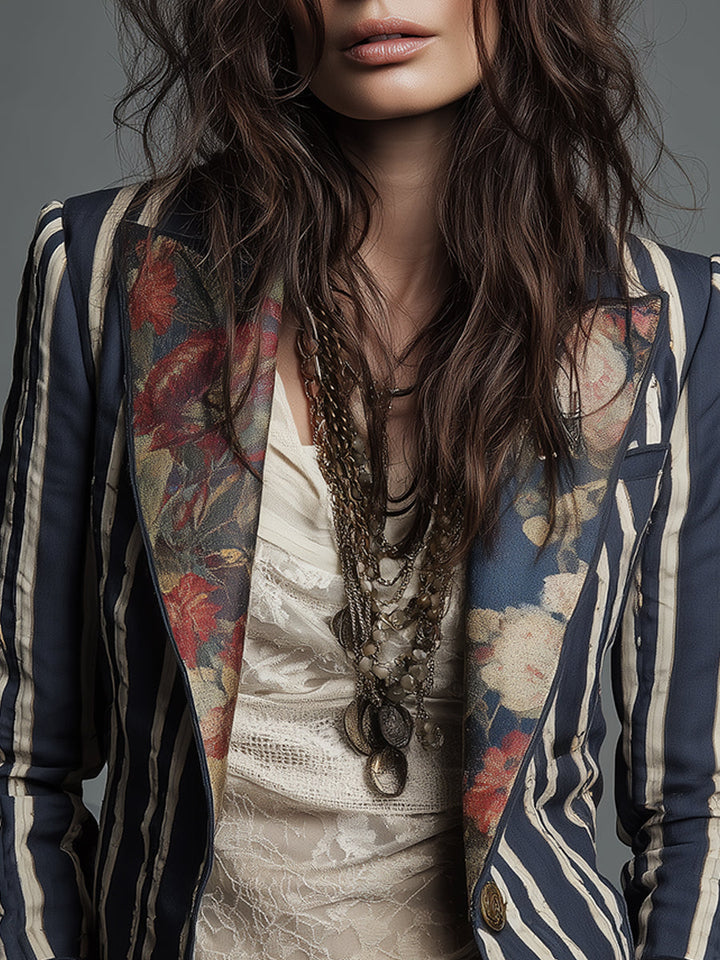 Women's Wool Blend Floral Blazer Autumn Boho Jacket
