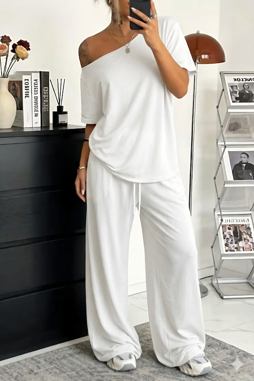 Women's Two Piece Lounge Set Spring Off Shoulder Top and Wide Leg Pants Casual Outfit Set