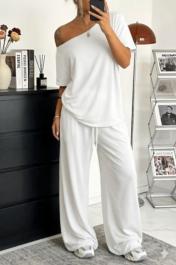 Women's Two Piece Lounge Set Spring Off Shoulder Top and Wide Leg Pants Casual Outfit Set