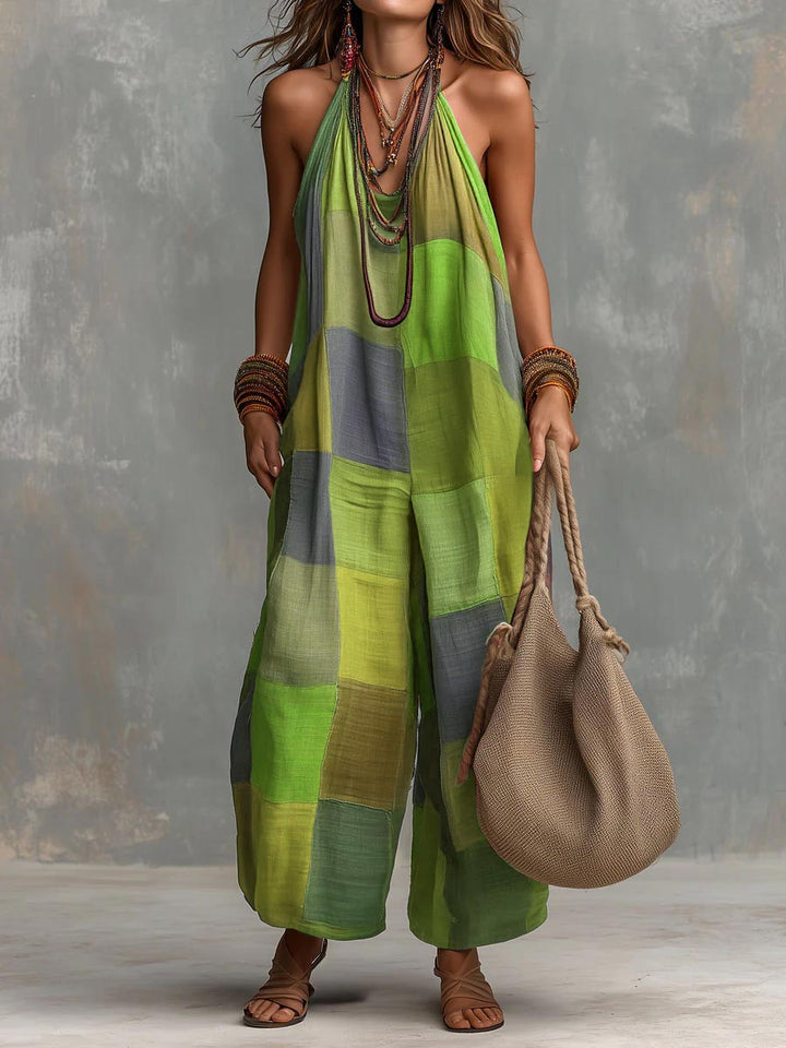 Women's Linen Cotton Patchwork Jumpsuit Autumn Casual Outfit