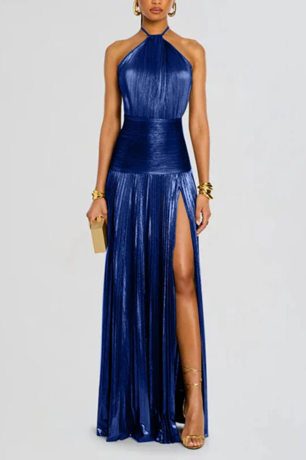 Women's Satin Pleated Maxi Dress with Halter Neck Formal Evening Autumn