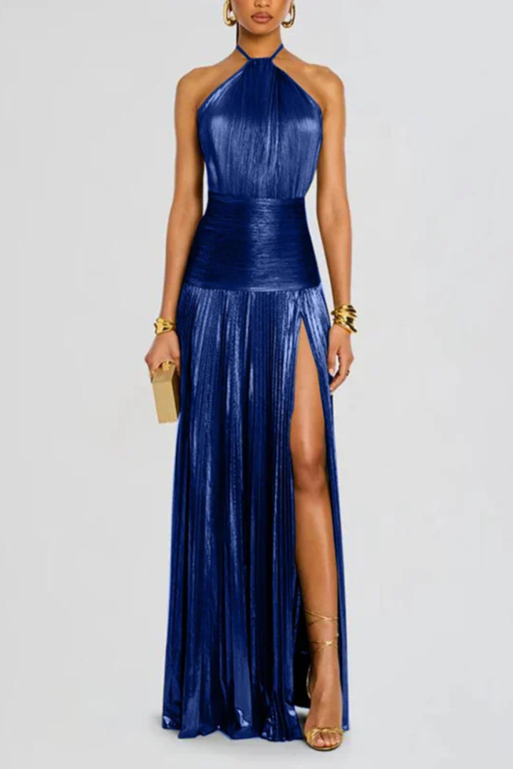 Women's Satin Pleated Maxi Dress with Halter Neck Formal Evening Autumn