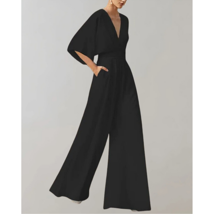 Women's Elegant Wide-Leg Jumpsuit with V-Neck and Loose Sleeves for Autumn