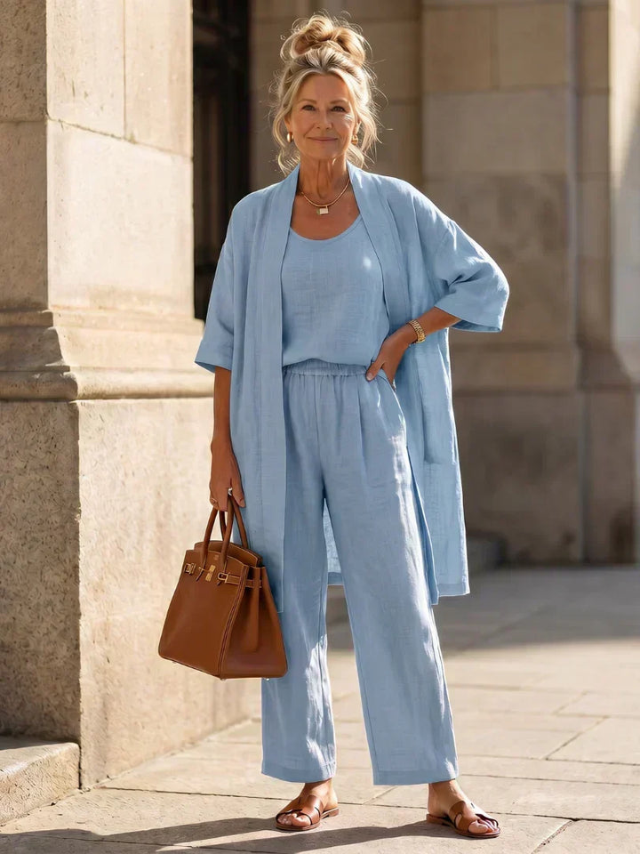 Women's Knit Three-Piece Set Autumn Kimono Top Wide-Leg Pants Set
