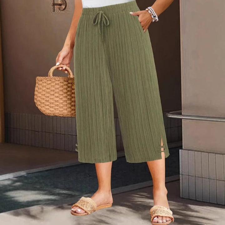 Women's Cotton Linen Wide Leg Cropped Pants Spring Drawstring Culottes Plus Size Trousers