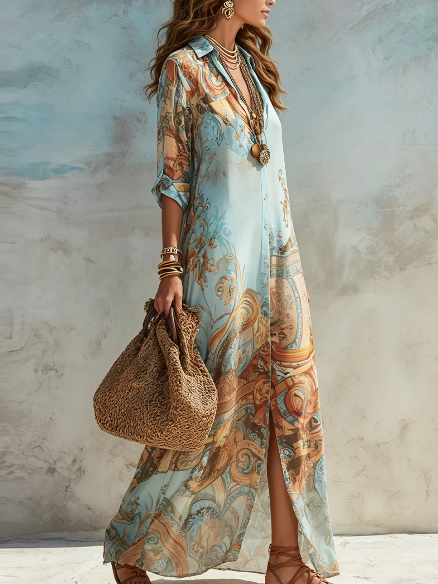 Women's Printed Cotton Long Shirt Dress Autumn Casual Dress