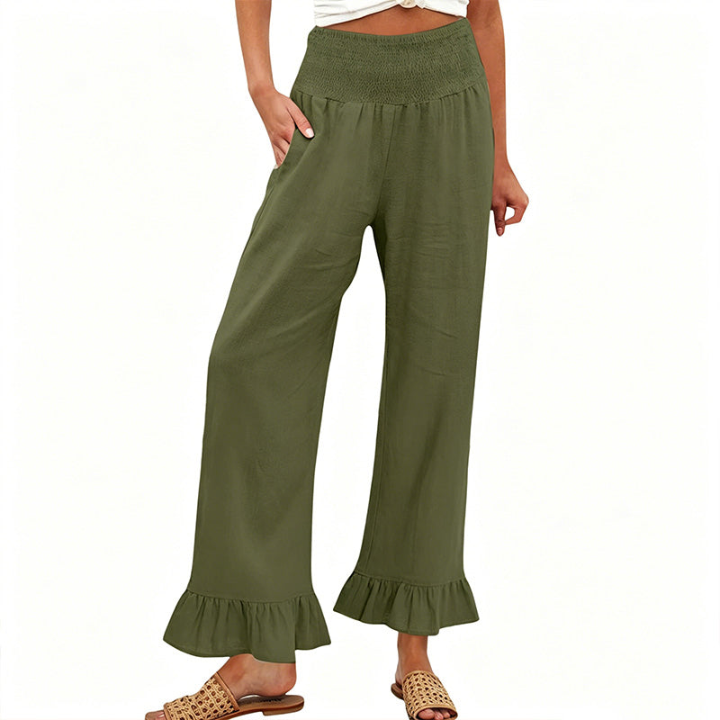 Women's Cotton Linen Wide Leg Pants Spring High Waisted Smocked Ruffle Hem Boho Trousers