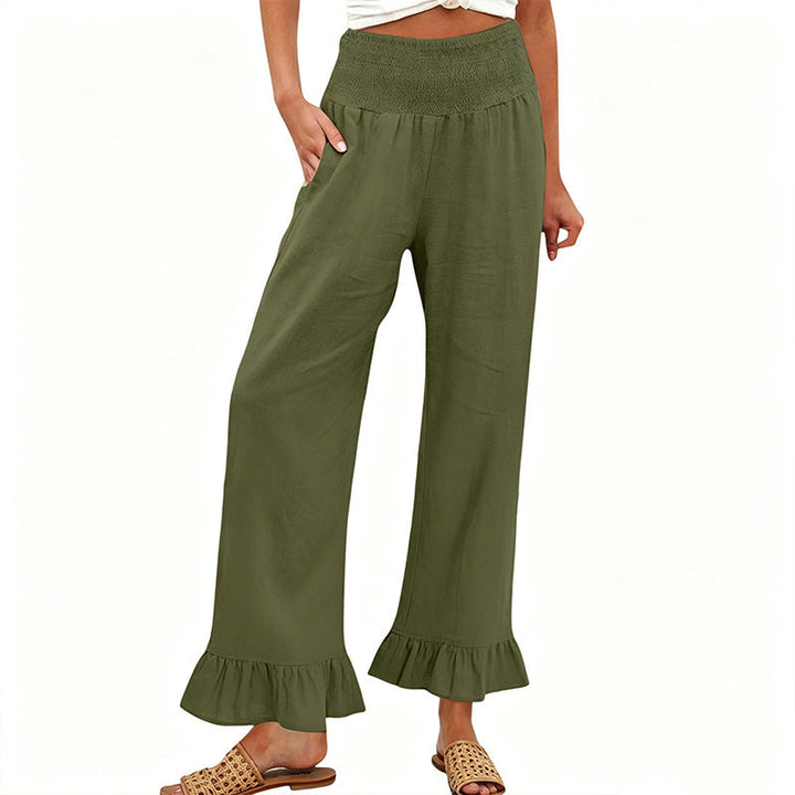 Women's Cotton Linen Wide Leg Pants Spring High Waisted Smocked Ruffle Hem Boho Trousers