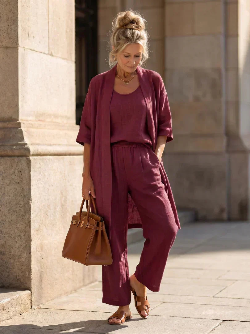 Women's Knit Three-Piece Set Autumn Kimono Top Wide-Leg Pants Set