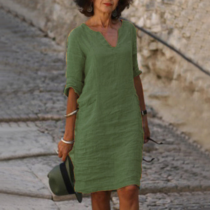 Women's Cotton Casual Midi Dress with V-Neck and 3/4 Sleeves for Autumn