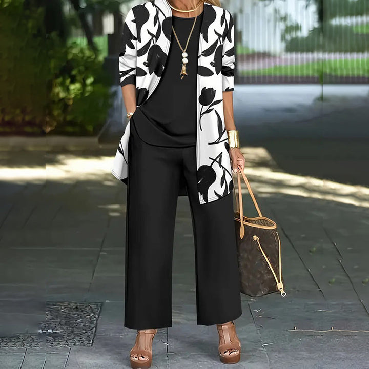 Women's Knit Three-Piece Set Autumn Floral Jacket Straight-Leg Pants Set