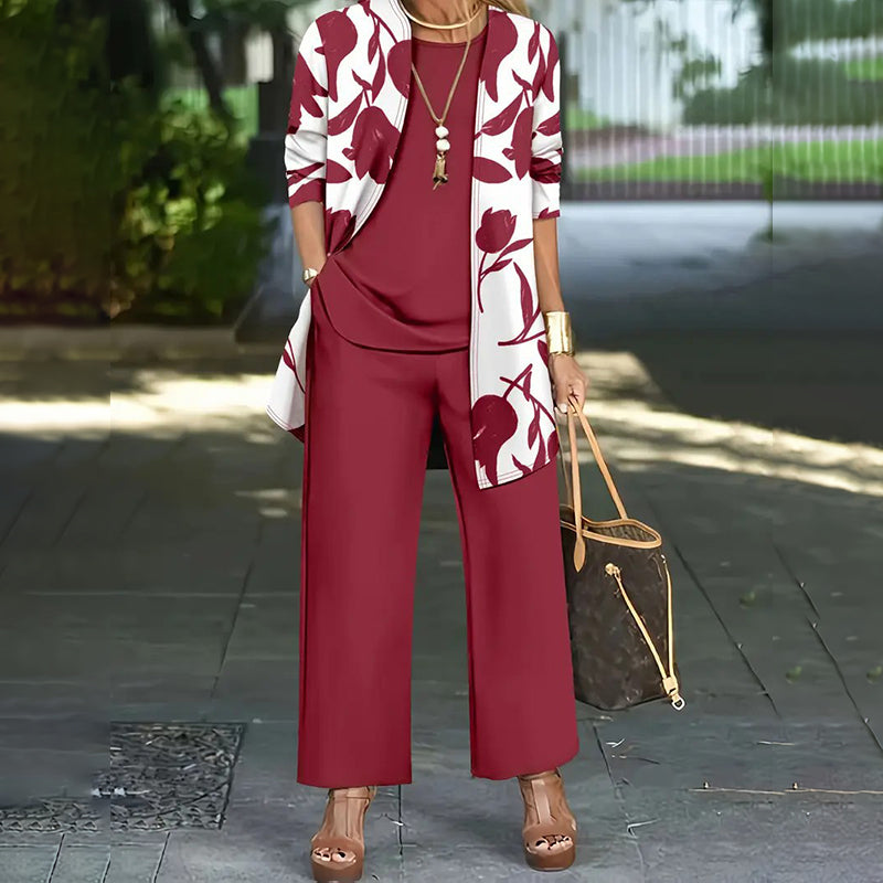 Women's Knit Three-Piece Set Autumn Floral Jacket Straight-Leg Pants Set
