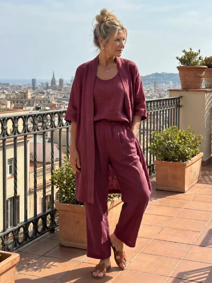Women's Knit Three-Piece Set Autumn Kimono Top Wide-Leg Pants Set