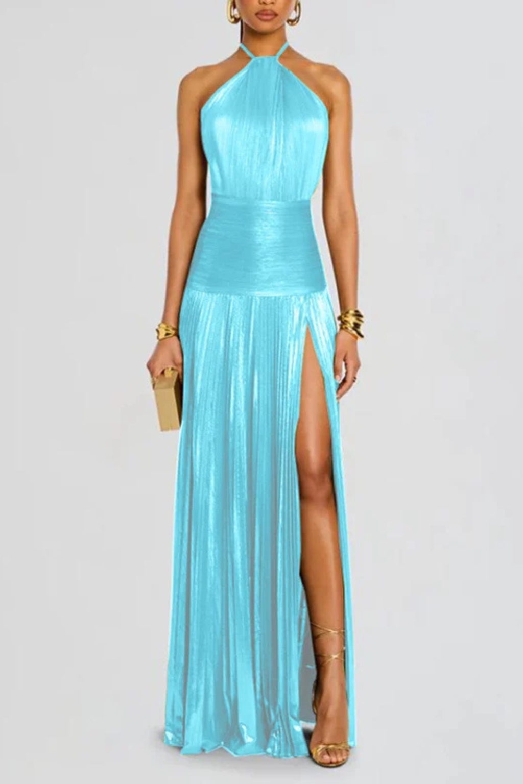 Women's Satin Pleated Maxi Dress with Halter Neck Formal Evening Autumn