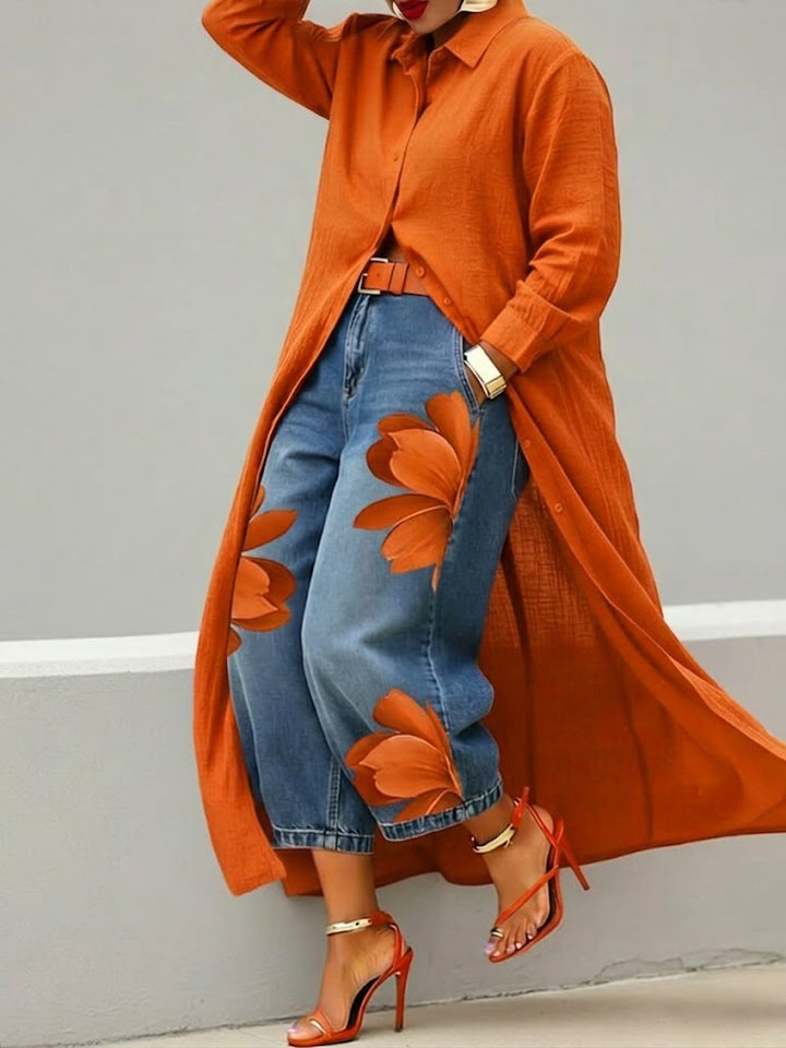 Women's Cotton Midi Shirt Dress Autumn Long-Sleeve Casual Dress