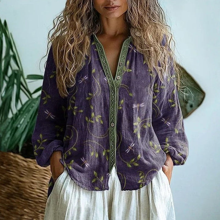 Women's Bohemian Floral Blouse with V-Neck and Long Sleeves for Autumn Style