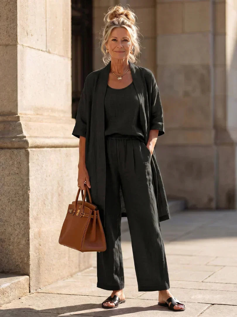 Women's Knit Three-Piece Set Autumn Kimono Top Wide-Leg Pants Set