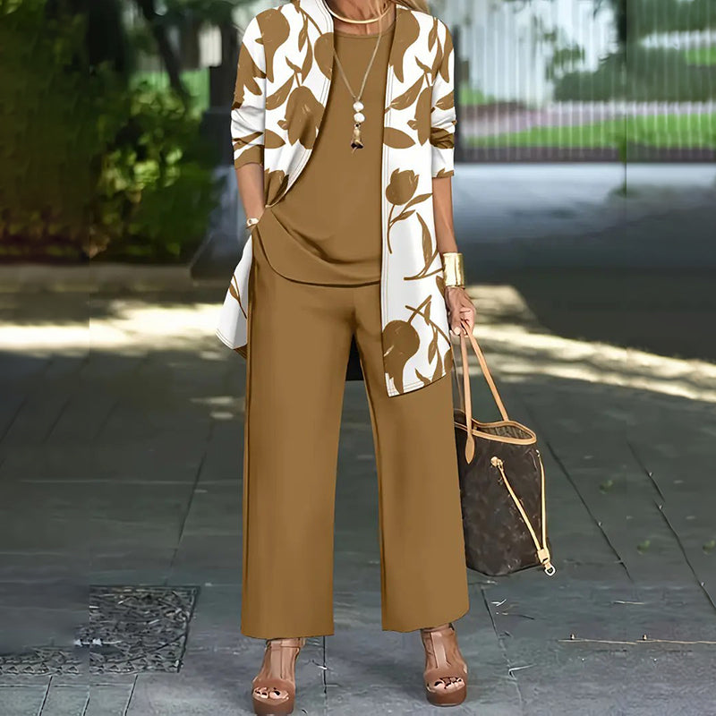 Women's Knit Three-Piece Set Autumn Floral Jacket Straight-Leg Pants Set