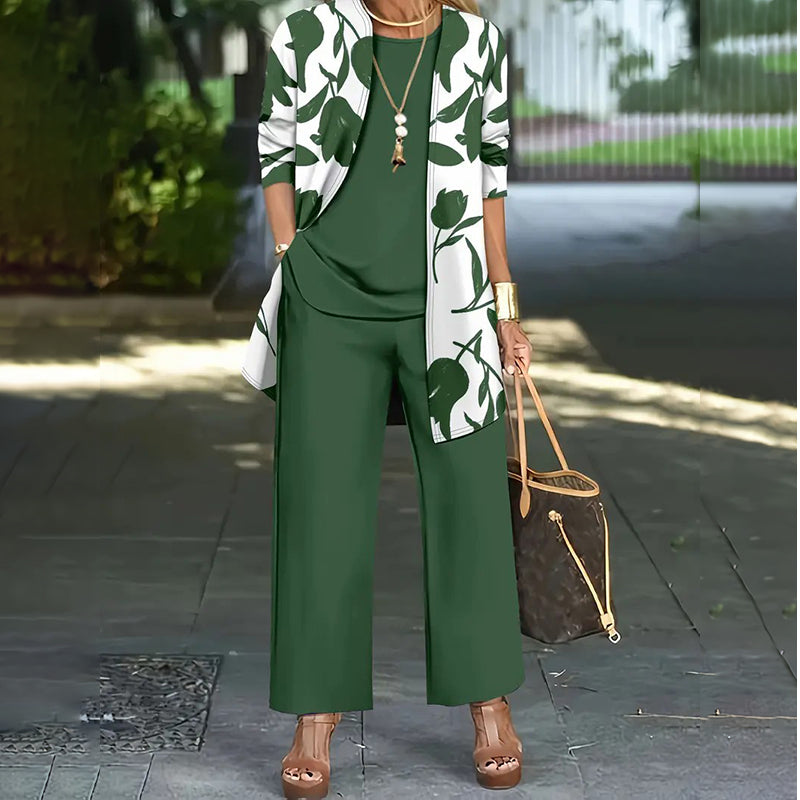 Women's Knit Three-Piece Set Autumn Floral Jacket Straight-Leg Pants Set