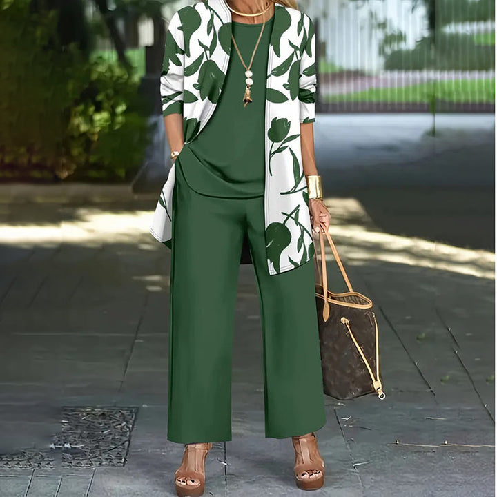 Women's Knit Three-Piece Set Autumn Floral Jacket Straight-Leg Pants Set
