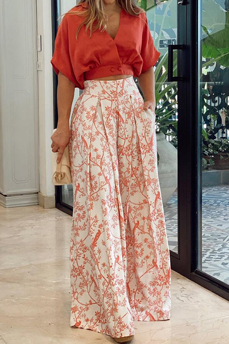 Women's Printed Blouse and Pants Set with Flowing Fit for Autumn