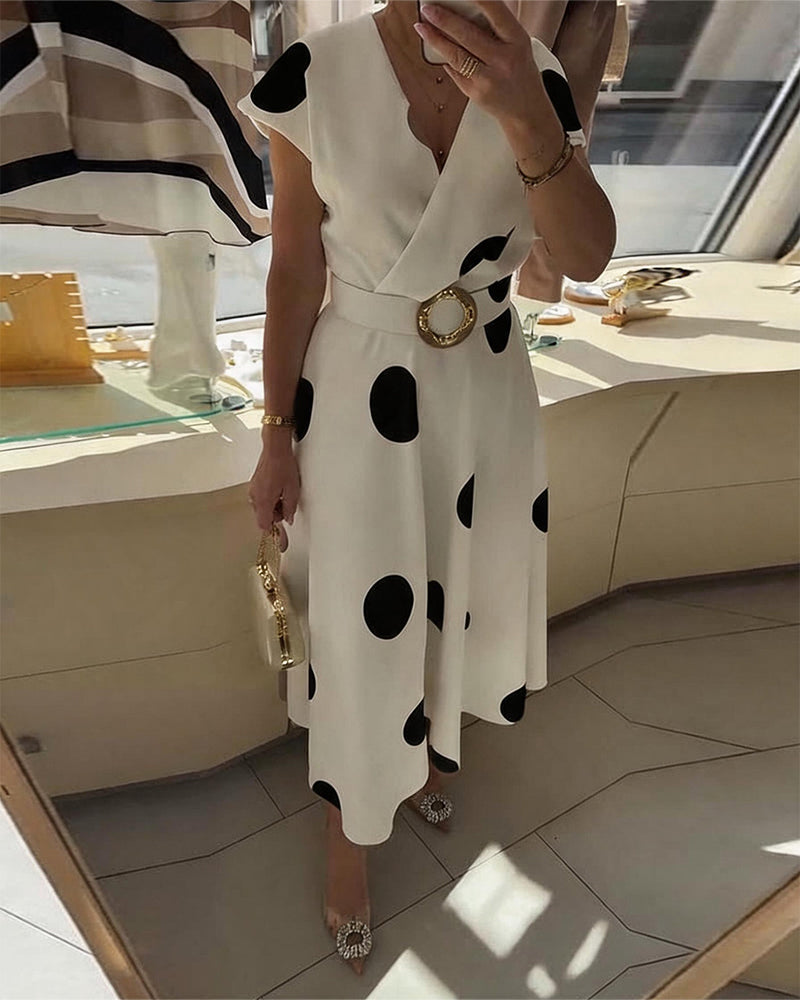 Women's Polka Dot V Neck Midi Dress Autumn Casual Dress