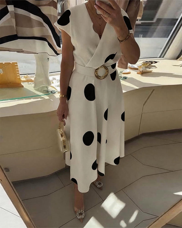 Women's Polka Dot V Neck Midi Dress Autumn Casual Dress