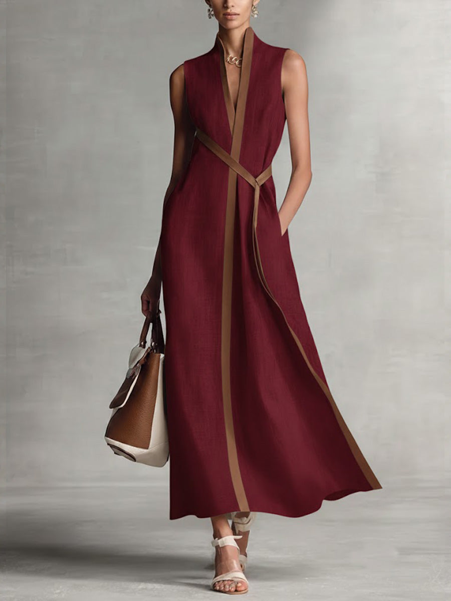 Women's Sleeveless Linen Maxi Dress Wrap Waist Autumn Outfit