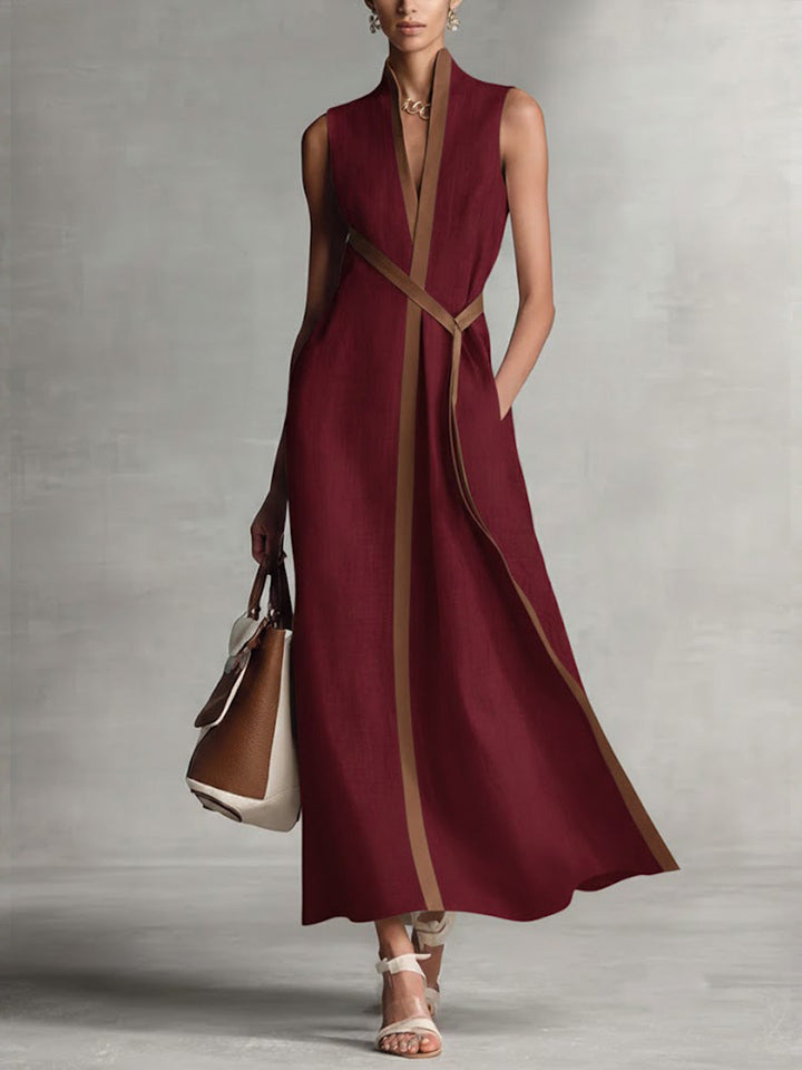 Women's Sleeveless Linen Maxi Dress Wrap Waist Autumn Outfit