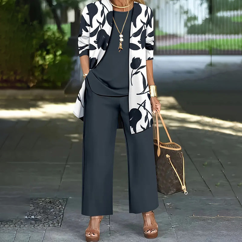 Women's Knit Three-Piece Set Autumn Floral Jacket Straight-Leg Pants Set