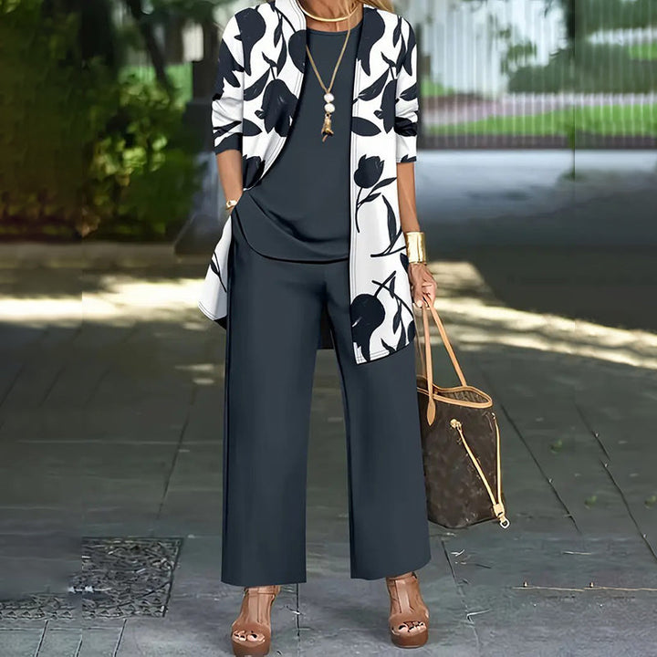 Women's Knit Three-Piece Set Autumn Floral Jacket Straight-Leg Pants Set