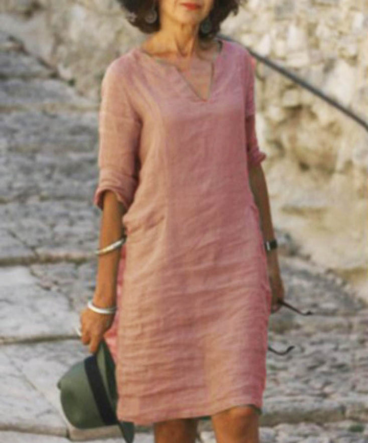 Women's Cotton Casual Midi Dress with V-Neck and 3/4 Sleeves for Autumn