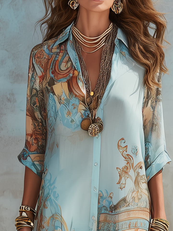 Women's Printed Cotton Long Shirt Dress Autumn Casual Dress