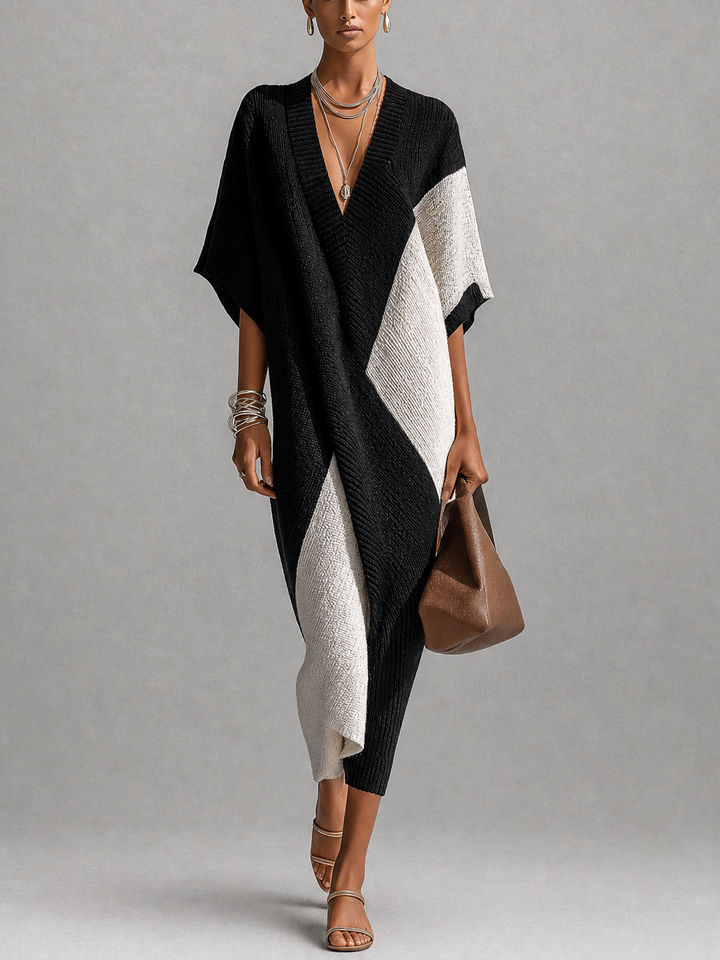 Women's Knit Two-Tone Midi Dress Autumn Dressy Midi Dress